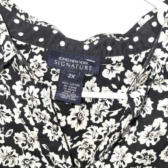 Jones New York Black White Floral Button Up Top 2X - Picture 2 of 7